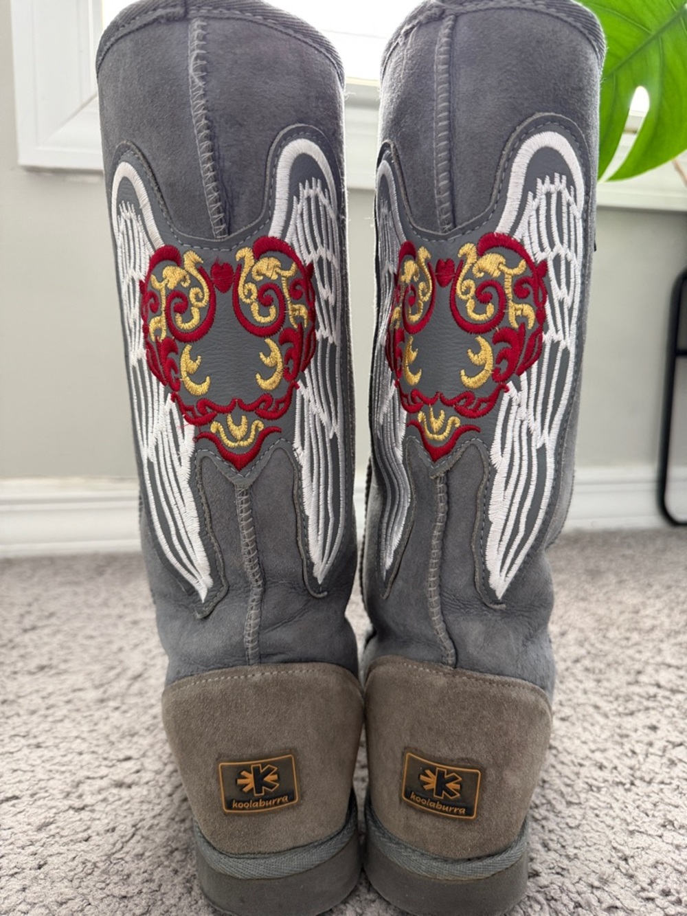 Koolaburra Gray Suede Boots with Red & Gold Heart Wing Embroidery